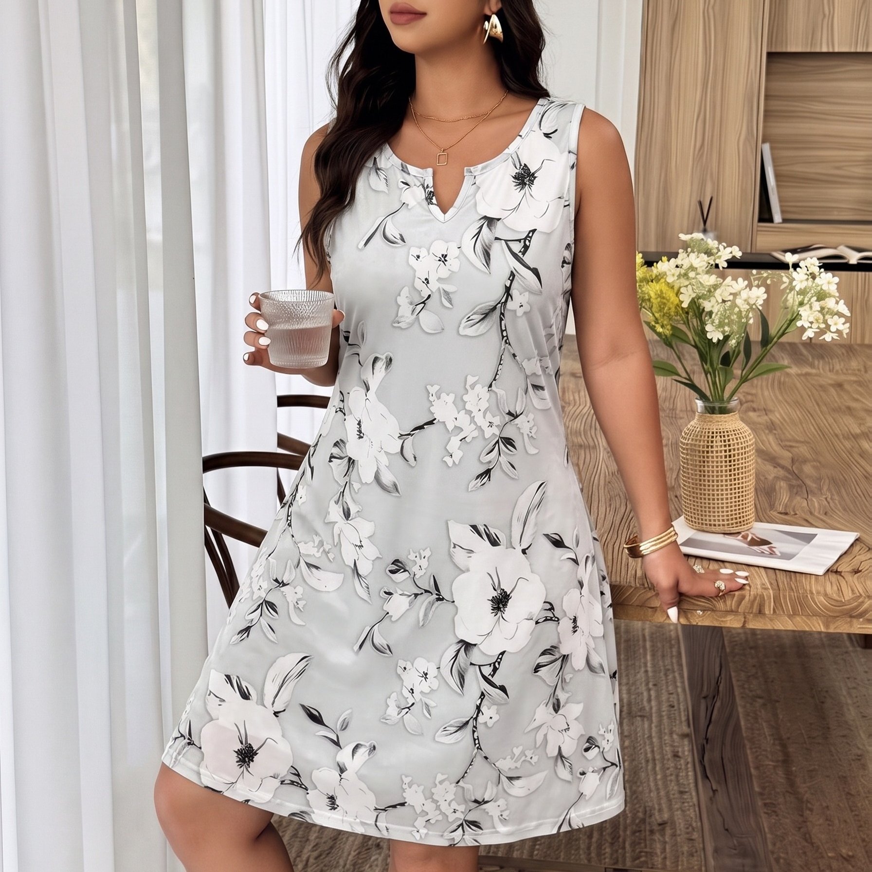 Floral-printed V-neck Sleeveless Dress For Spring And Autumn