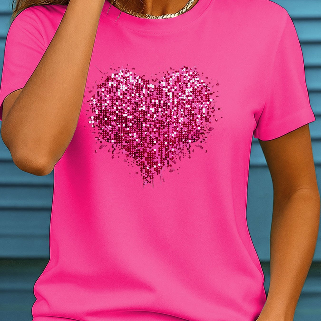 TEMU Women's Plus Size Sparkling Pink Sequin Heart Print T-shirt - Short Sleeve Round Neck -compatible Top, Machine Washable Suitable For Summer,
