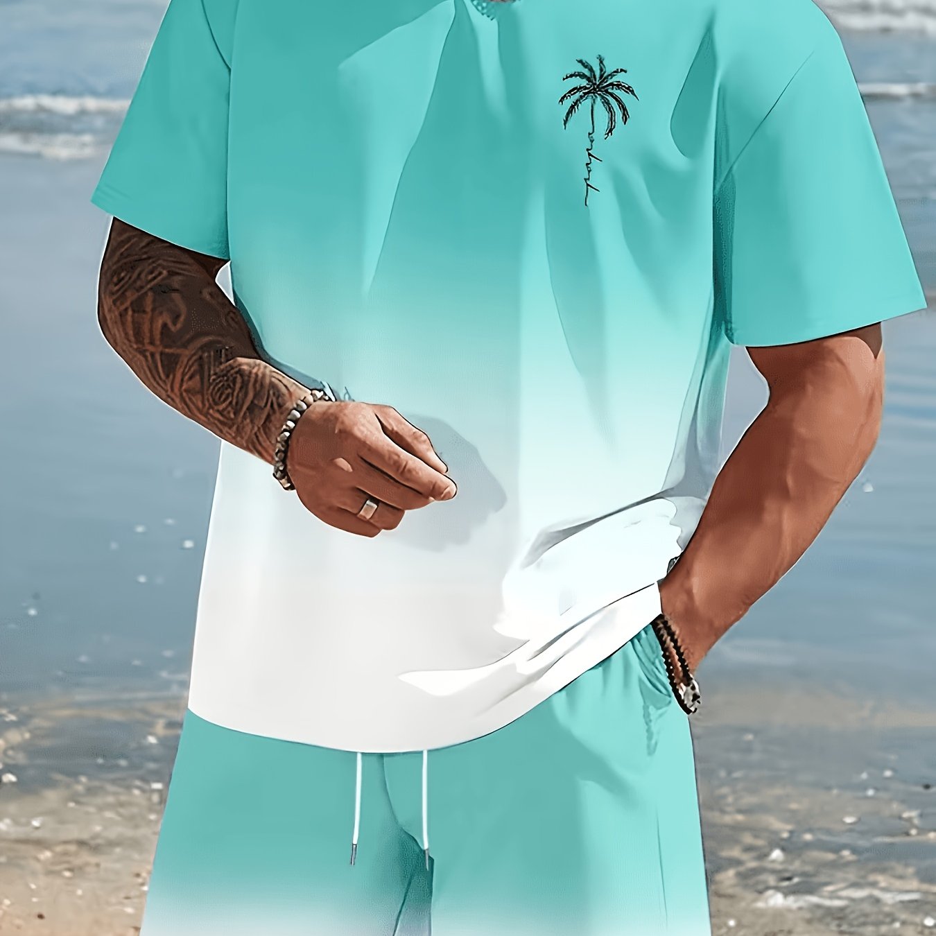 Image of 2pcs 1-set Men's Casual Sportswear, Hawaiian-style Gradient Design, Round Neck Short-sleeved T-shirt And Elastic Waistband Shorts, Suitable For Summer Outdoor
