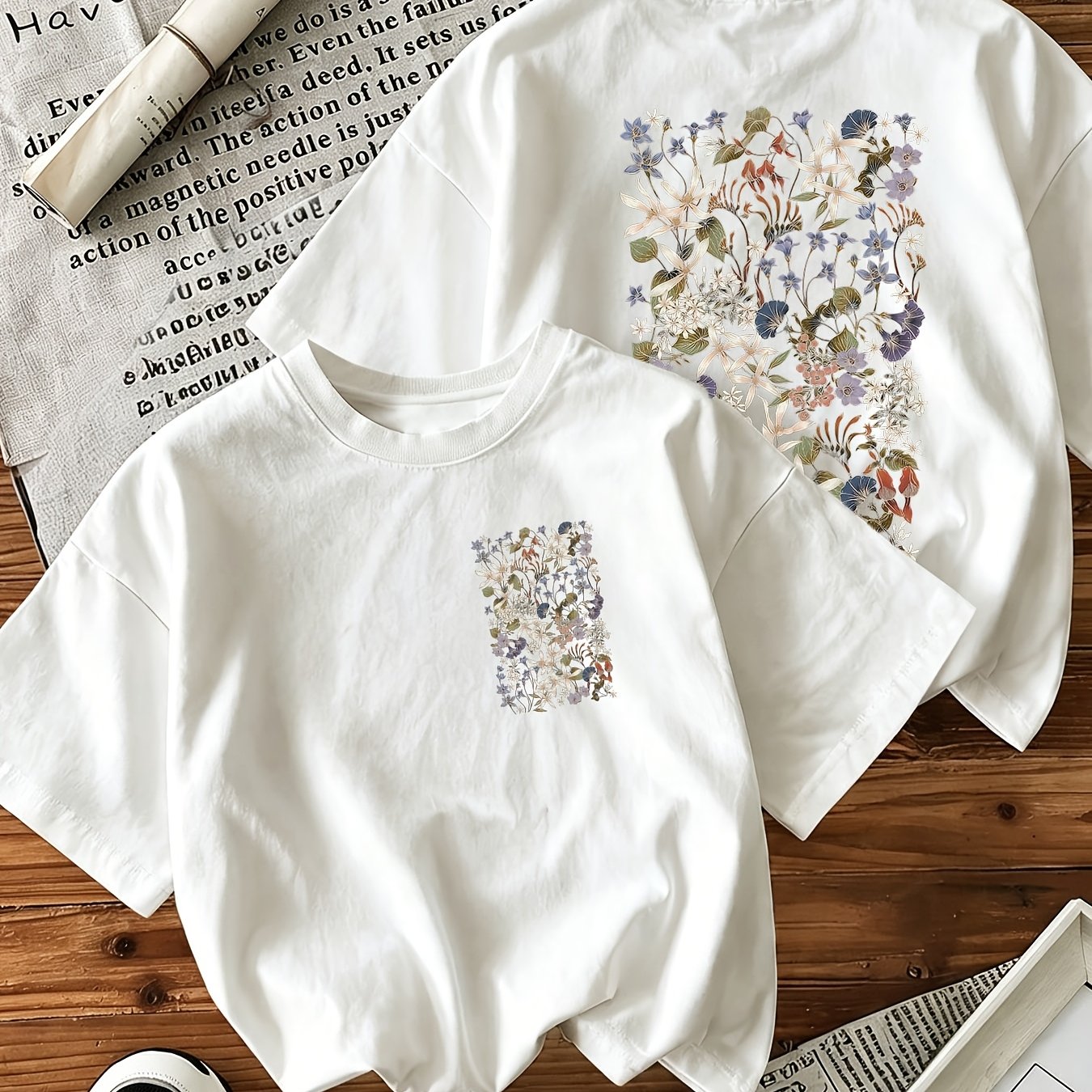 Image of Women's Summer T-shirt Vintage Watercolor Floral Print Garden Graphic Boho Casual Oversized Nature
