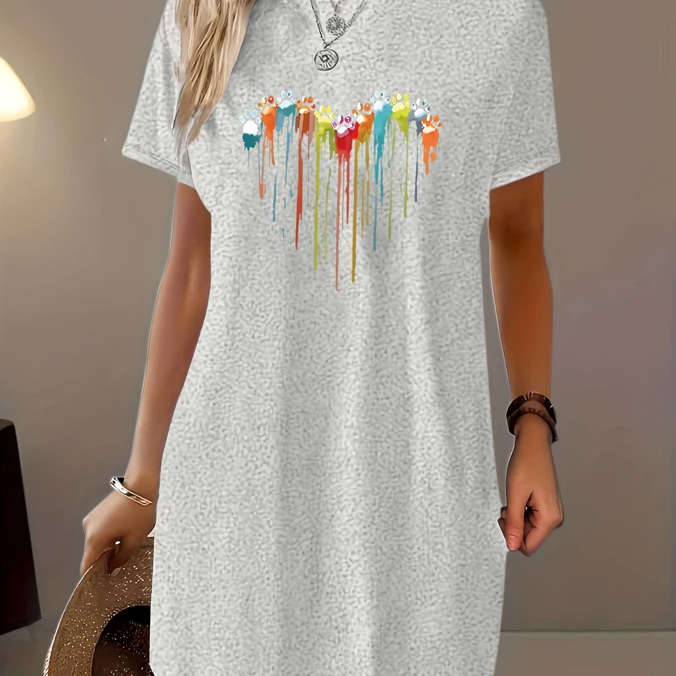 TEMU Women's Casual T-shirt Dress With Colorful Drip Paint - Breathable & Lightweight Pink Round Neck Short Sleeve Dress For , Casual Outing Attire |