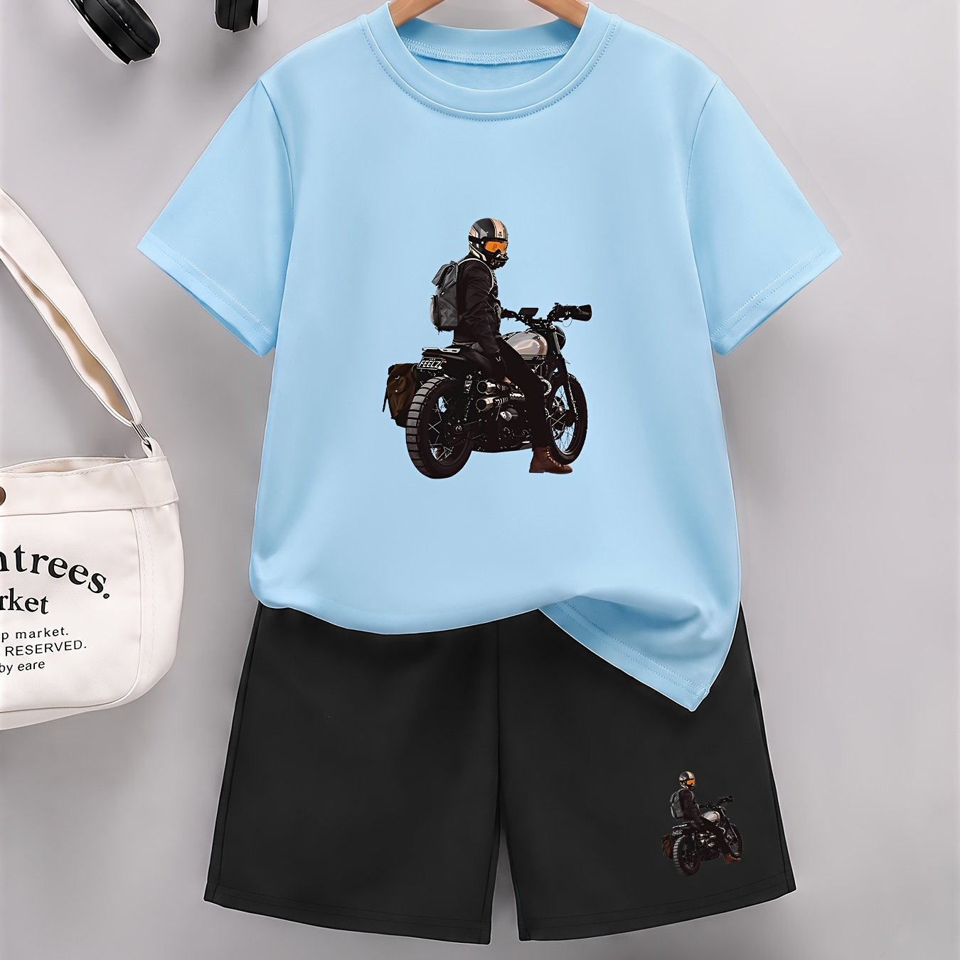 Image of Boys' Short-sleeved T-shirt And Shorts Set, Motorcycle Rider Pattern, Fashionable And Comfortable For Spring And Summer, Versatile For Outdoor Sports., Perfect For Outdoor