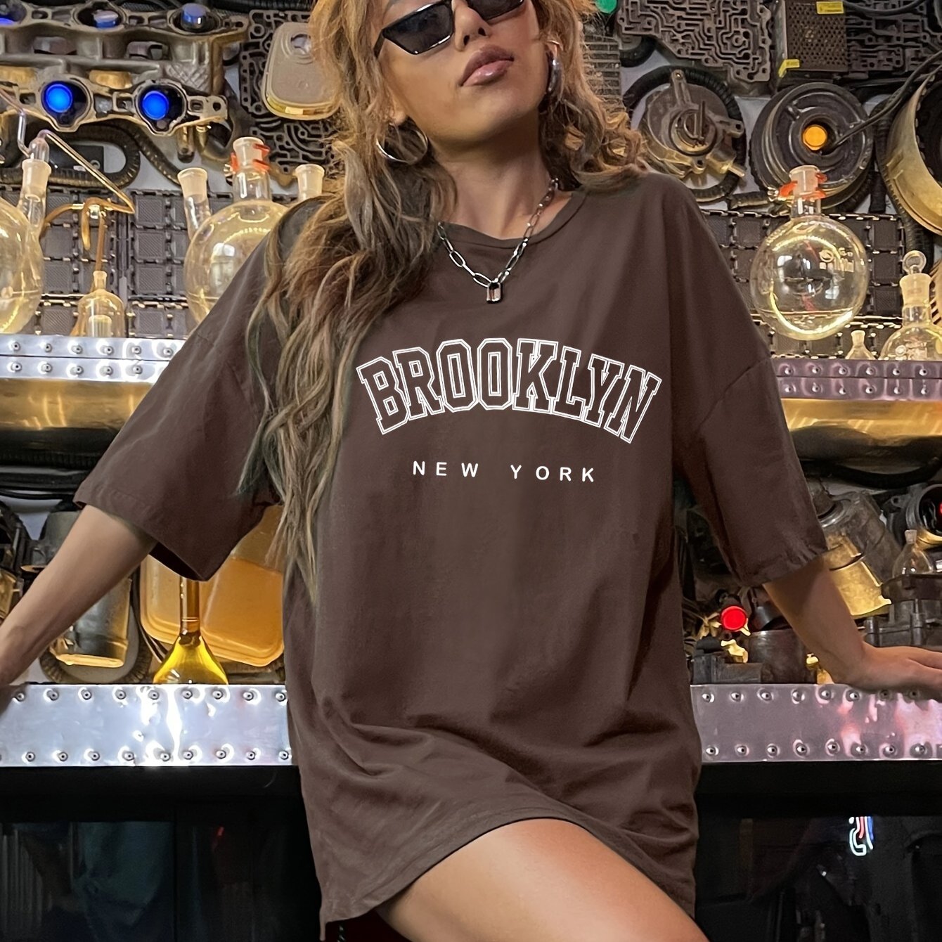 Image of Fashion Casual Brown Letter Print Loose T-shirt Easy Round Neck Short Sleeve