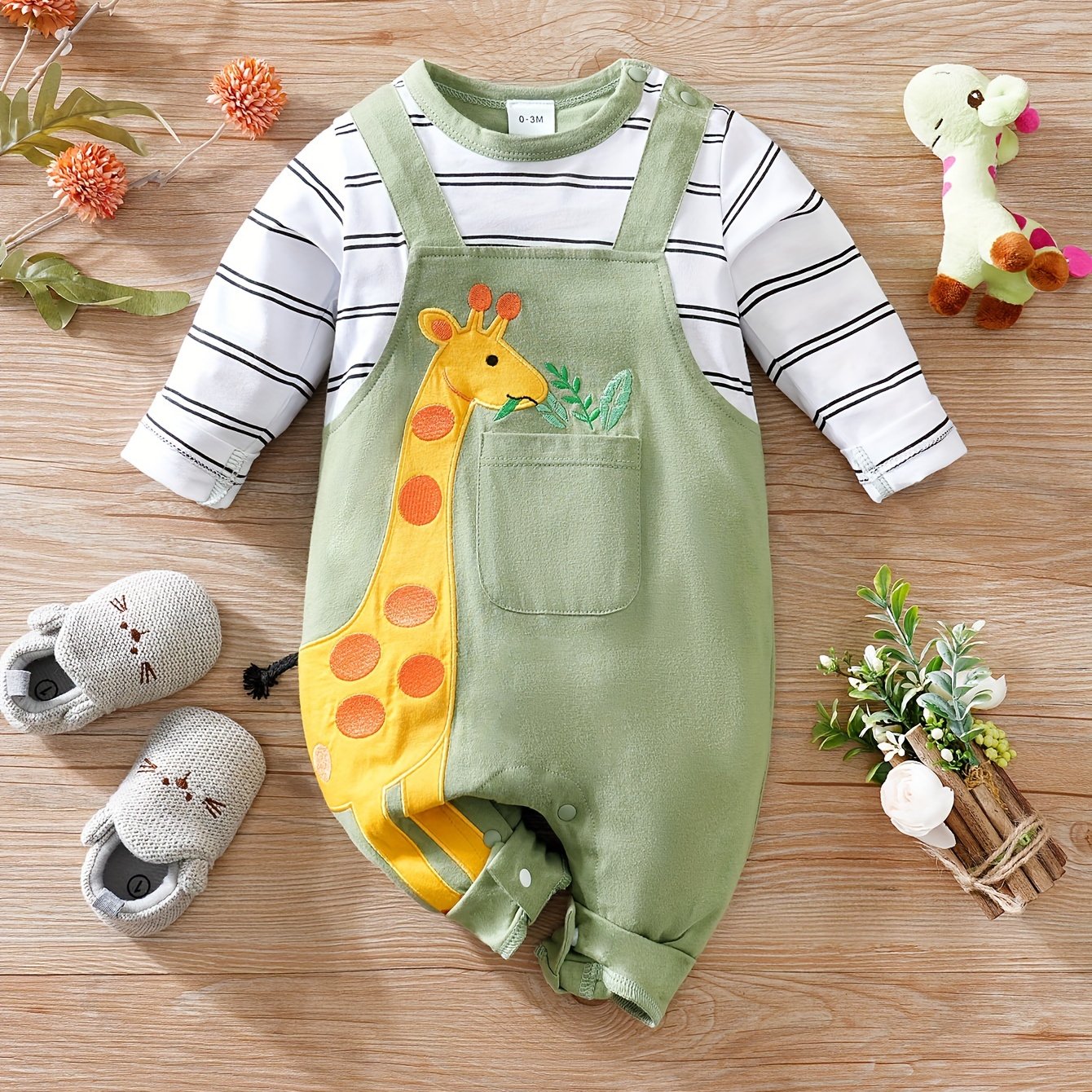 Image of Cartoon Giraffe Suspenders 2-in-1 Look Pocket Baby Long Sleeve Print Striped Onesie, Perfect For Outdoor