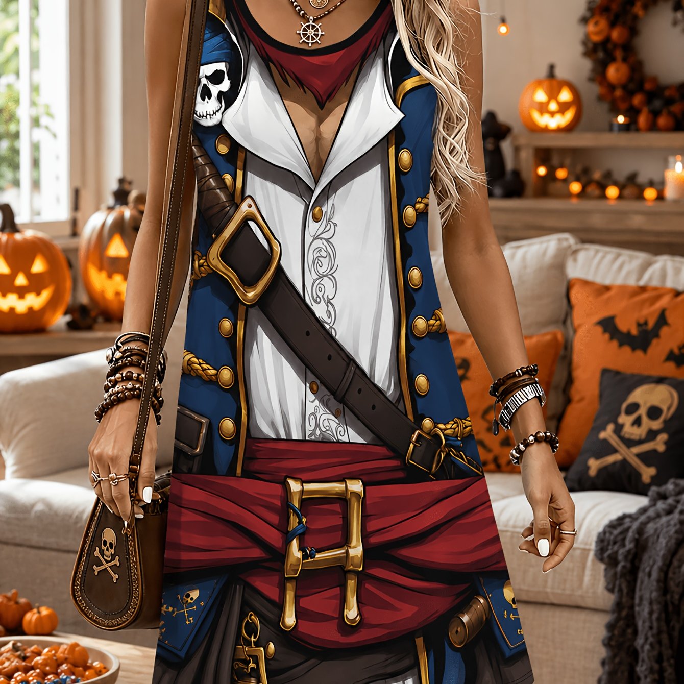 TEMU Women's Pirate Costume Dress With Skull & Belt Print - Sleeveless A-line Mini Dress, Round Neck Pirate Outfit Suitable For Themed Parties,