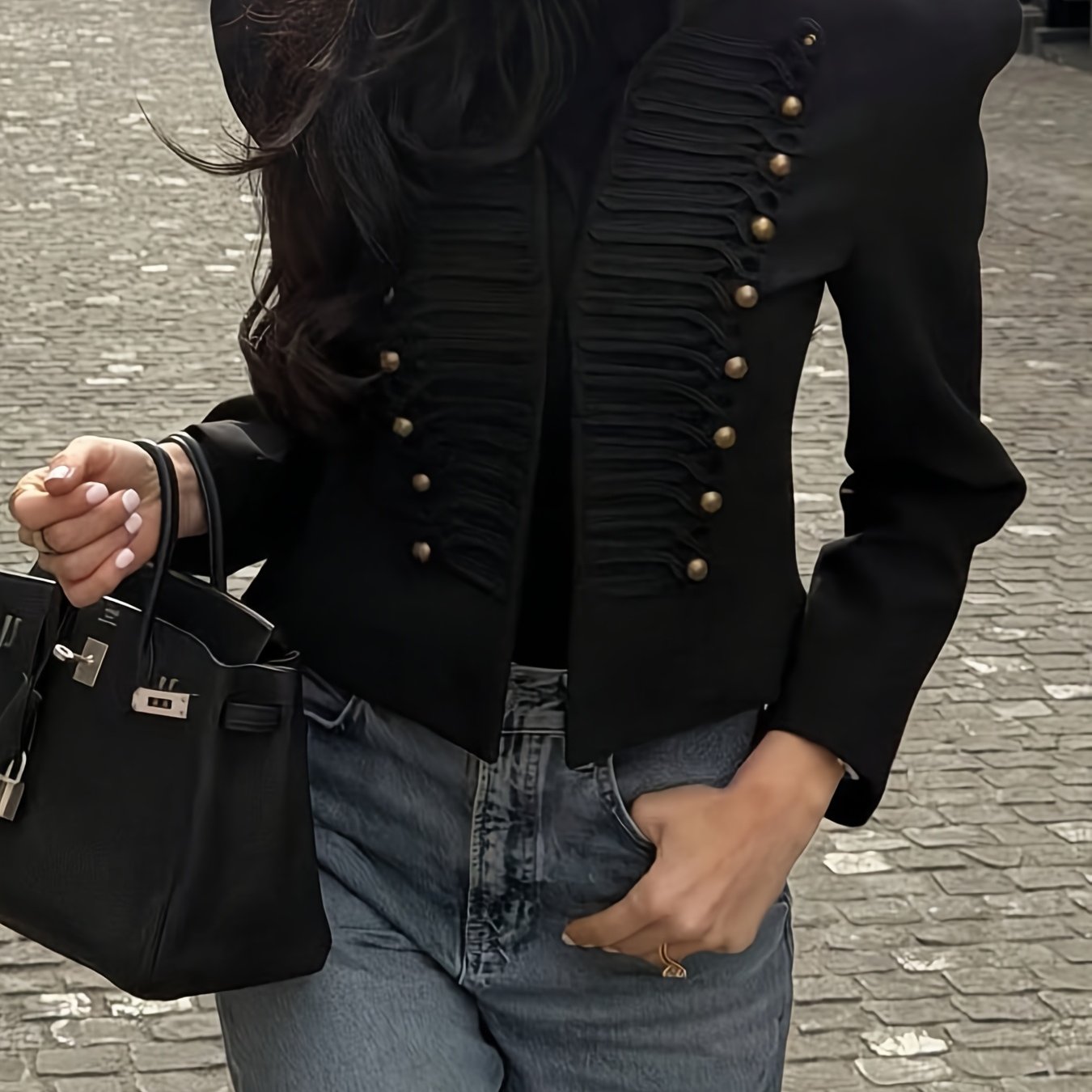 TEMU Elegant Special, French Knotted Golden Waist-cinching Long Sleeve Short Jacket Coat, Women's Spring/autumn Top, Suitable For Street , Dates,