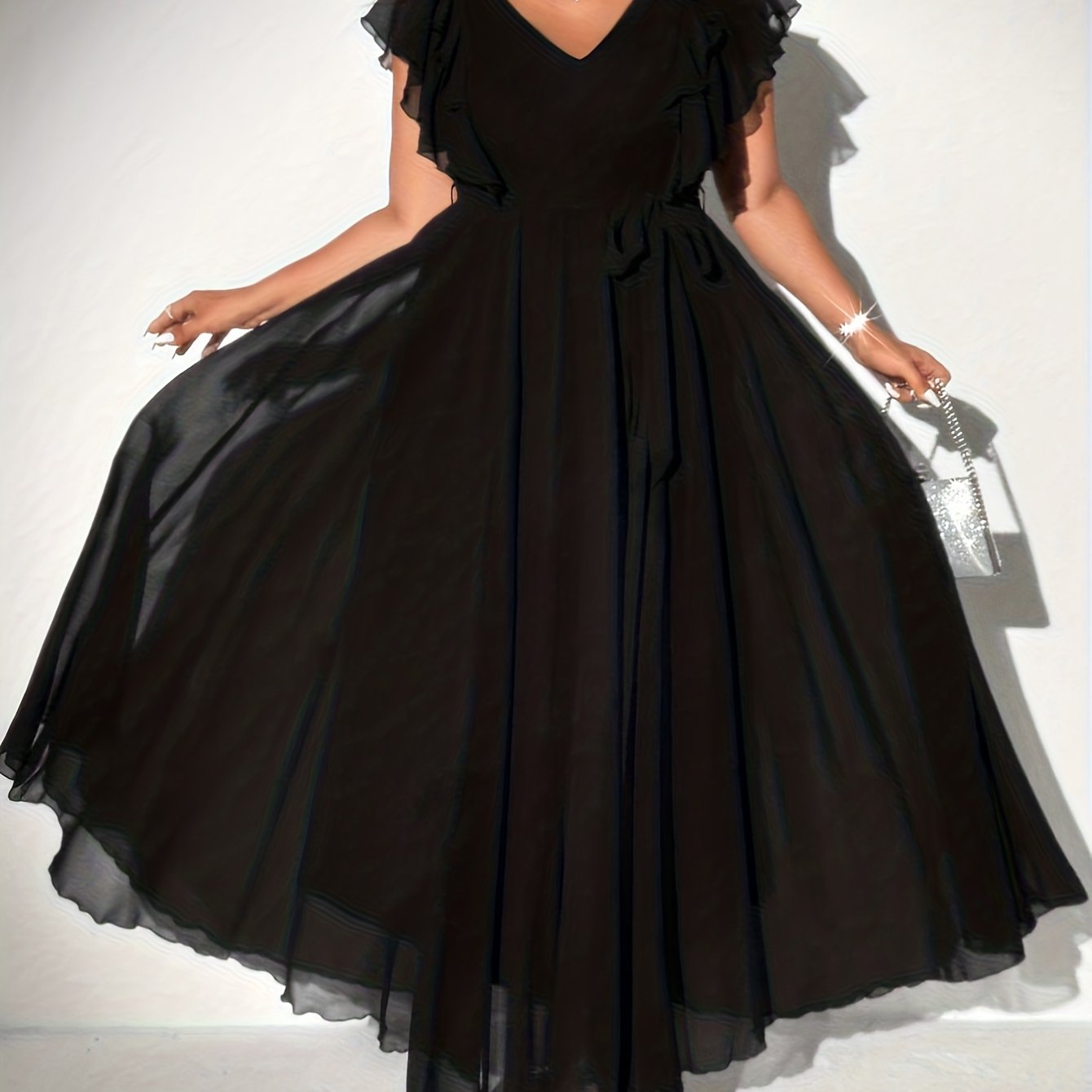 TEMU Plus Size - Plus Size - Plus Size Women's Elegant Solid Color Sleeve Deep V Neck Waist- Flared A-line Chiffon Dress - Perfect For Any Party,