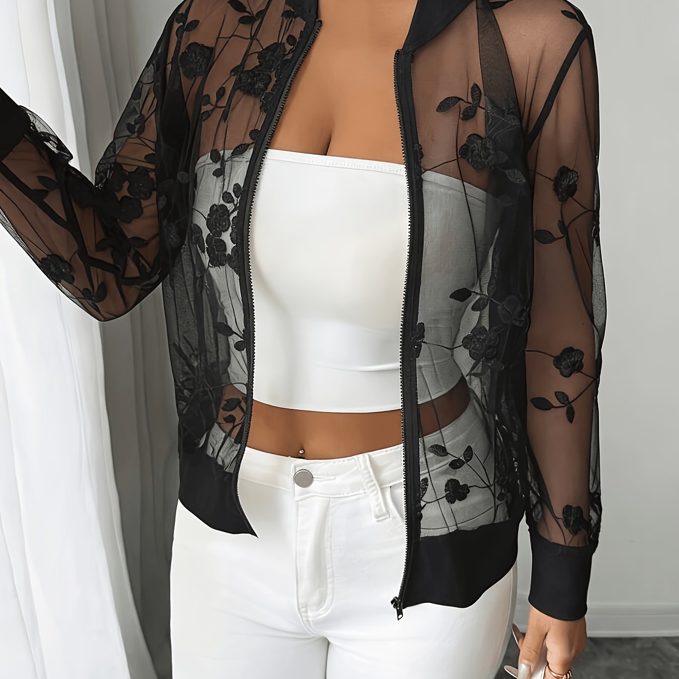 TEMU Women's Mesh Embroidered Stand Collar Lightweight Jacket