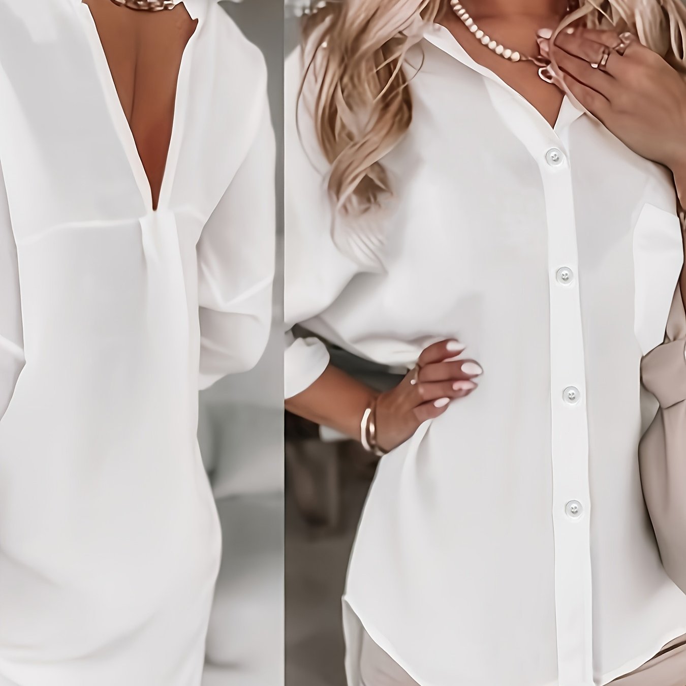 TEMU Women'-driven Back Hollow-out Chain Shirt, Loose Drapey White Blouse, Korean Casual Top