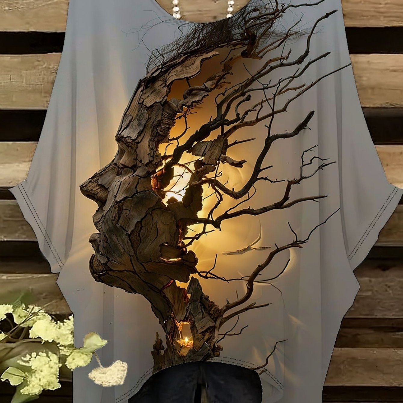 TEMU Plus Size, Women's Plus Size Short Sleeve T-shirt With Tree Head Face Texture Print, Irregular , Abstract Art Nature Style, Round Neck Short