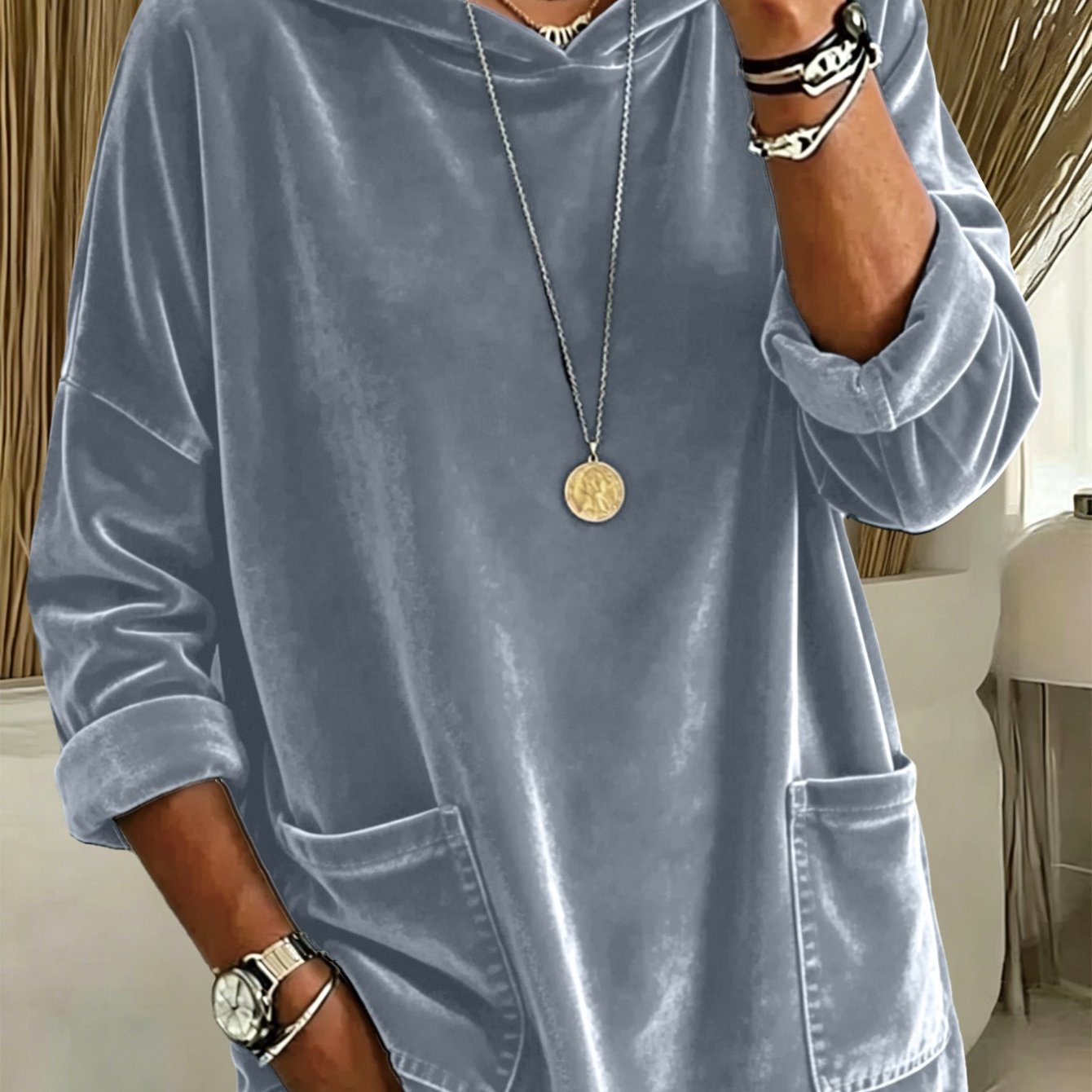 Image of 2026 New Women Solid Color Fleece Hooded Loose Long Sleeve Pullover Casual Sweatshirt Top For Autumn Winter (please Refer To Size Chart)