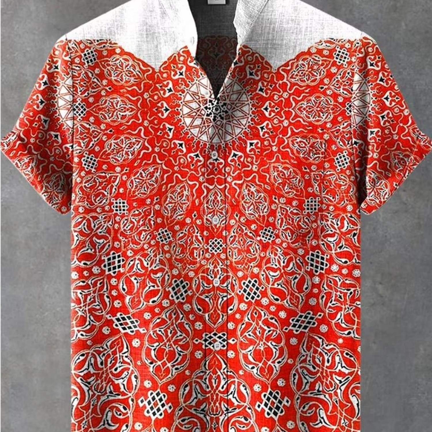 Men's Formal Short-sleeved Shirt, Red With Mixed Patterns, Collar & Textured Neckline, Front, Polyester Fabric, Comfortable Casual Wear, Multiple Sizes , Stylish Business & Daily Outfit