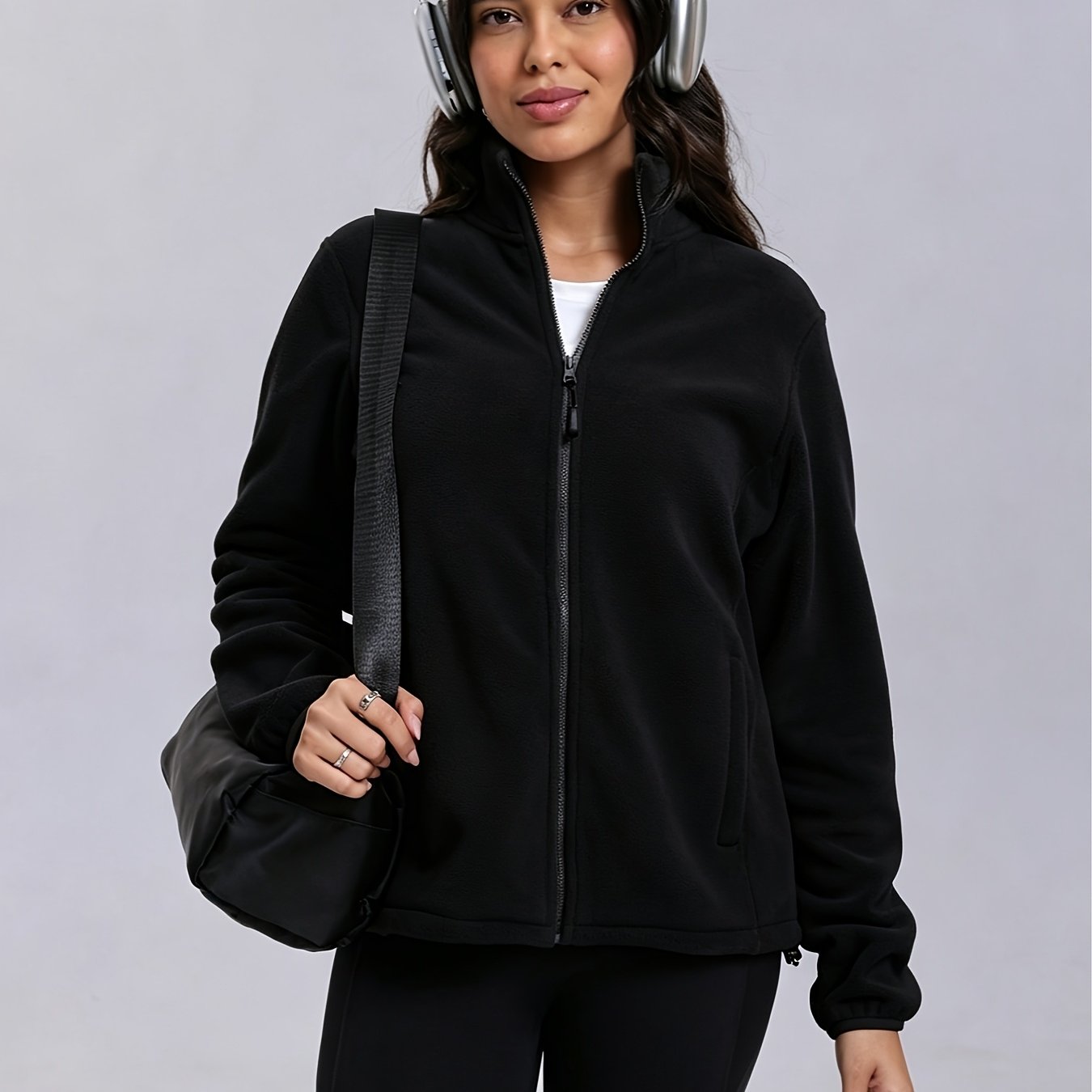 TEMU Women's Classic Full-zip Soft Warm Fleece Jacket, Lining; Long Sleeve Casual Zip-up Flight Jacket, Suitable For Outdoor Wear, For Spring Summer