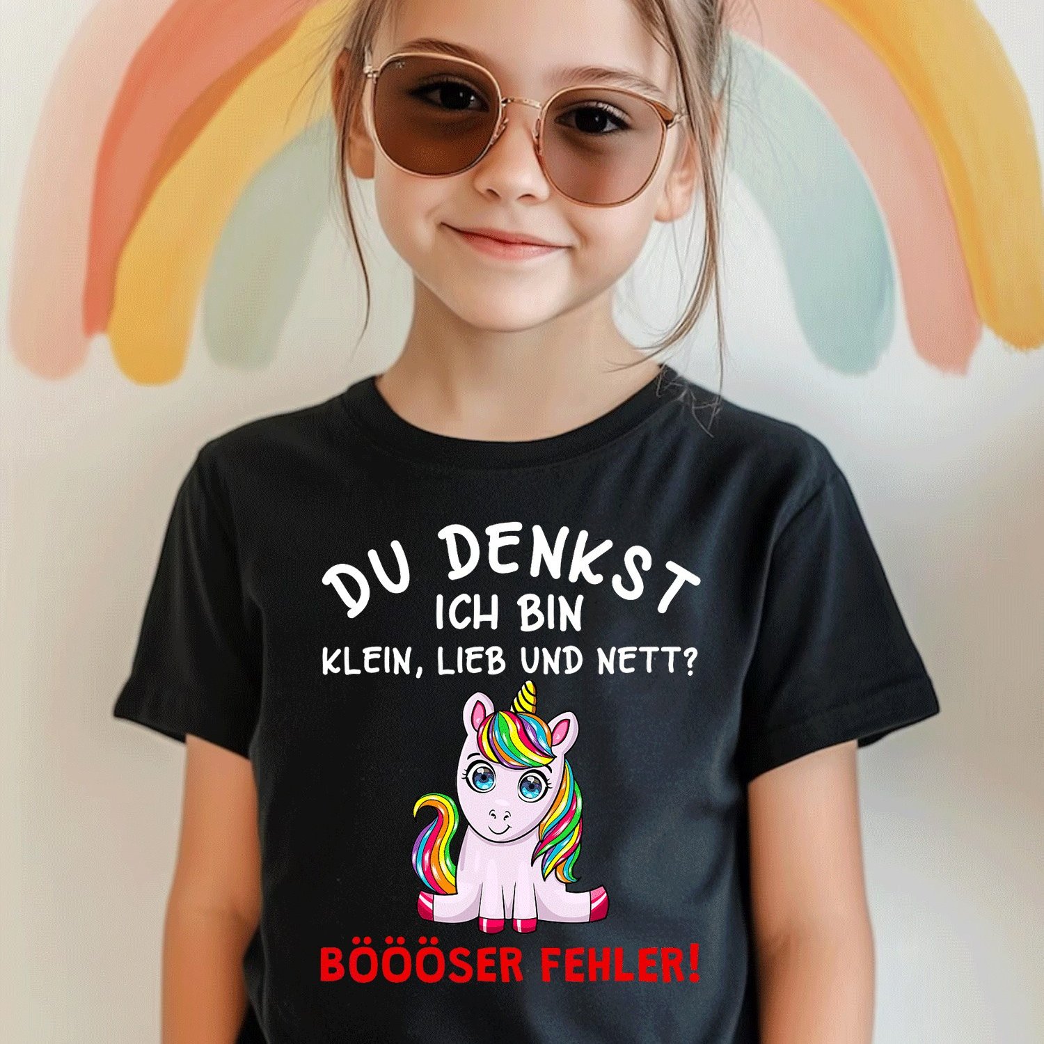 Image of Girls' Text Unicorn T-shirt - "du Denkst Ich Bin Klein Lieb Und Nett" Funny Short Sleeve Crew Neck Tee, Comfortable Casual Top Suitable For Boys And Girls, Machine Washable Kids Shirt For & , 200g