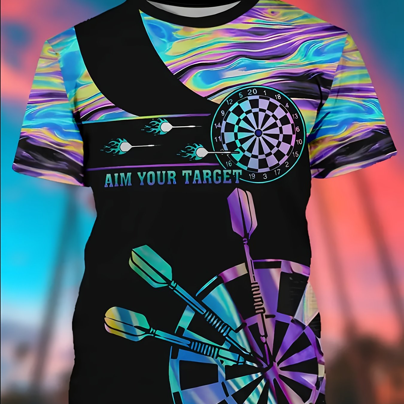 TEMU 1pc Men's Dart-themed Graphic Tee - Casual Crew Neck Short Sleeve T-shirt With 3d Printed & Arrows Design, Polyester Knit Fabric, Stretch,