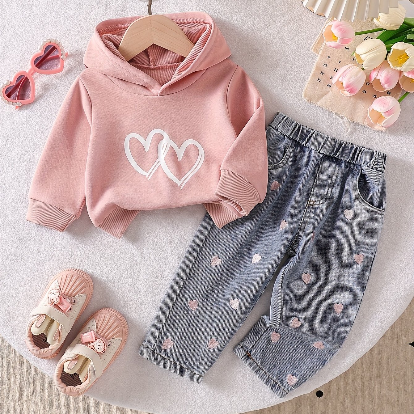 Image of 2pcs Girl Heart Print Hoodie + Jeans Set, Toddler Casual 2pcs Set, Pink Hooded Sweatshirt + Heart Embroidered Denim Pants, Perfect For Outdoor