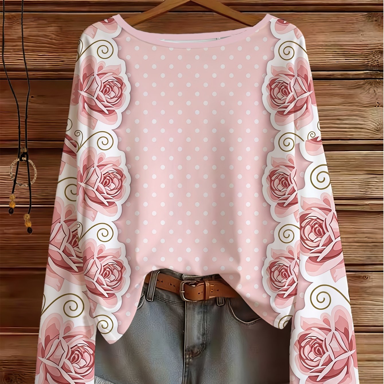 TEMU Plus Size, Plus-size Women's Elegant Long-sleeve Top With Rose- Polka Dot Print And Large Round Neck, Suitable For Spring And Summer. A