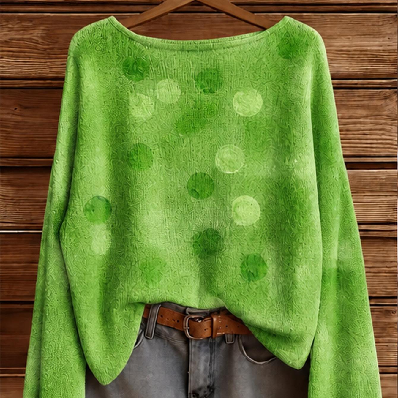 Image of Plus Size, Women's Plus Size Oversized Boho Sweater - Off-shoulder Halter Neck Top With Green Moth Print, Soft Breathable Suitable For Fall , Elegant Bohemian For Body Types (machine Washable)