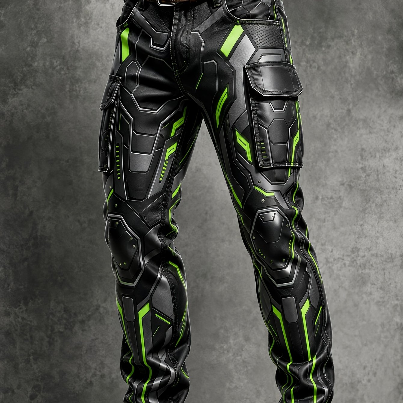 TEMU Men's Green Cyber Armor Printed Cargo Pants Loose Fit Multi-pocket Casual Trousers With Adjustable Belt For Summer Daily And Outdoor Wear