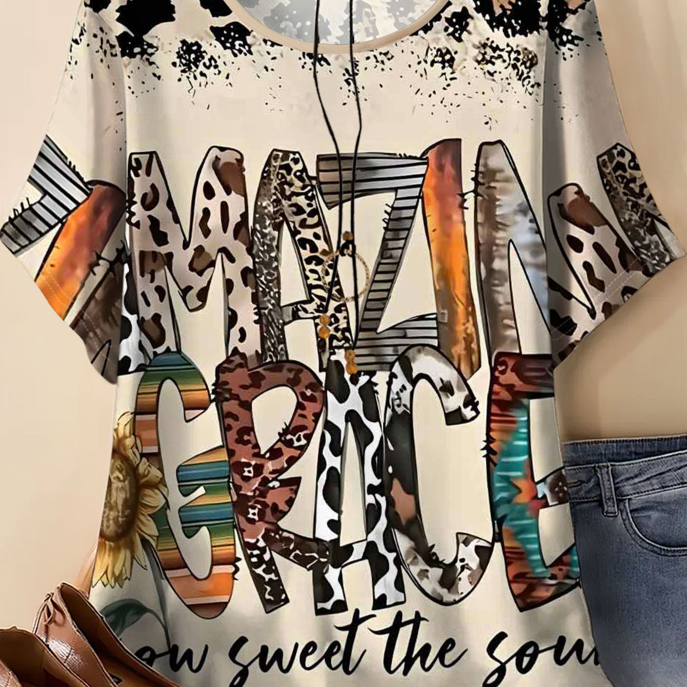 TEMU T-shirt femme grande taille imprimé léopard et lettres, manches courtes, haut d'été et tendance, mode polyvalente