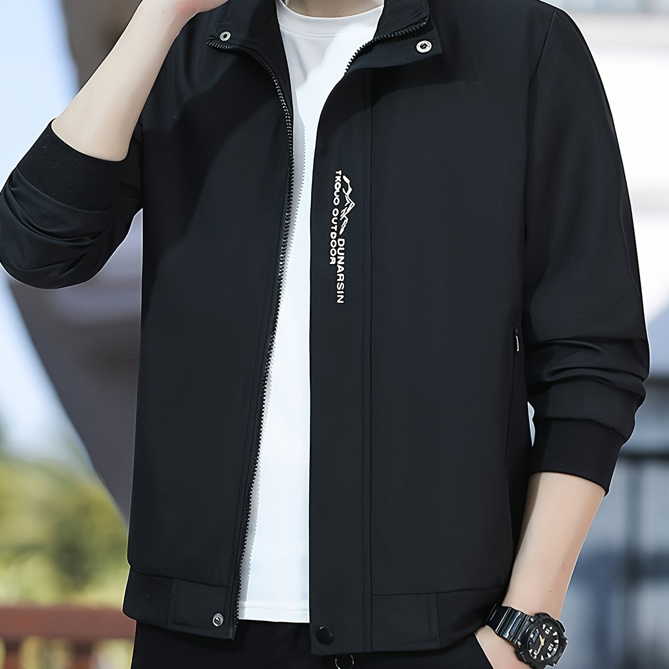 TEMU Chaqueta para hombre Zhenxuan, superior pequeña con cuello y bolsillos con cremallera, estilo de moda con temática estampada, de moda, y