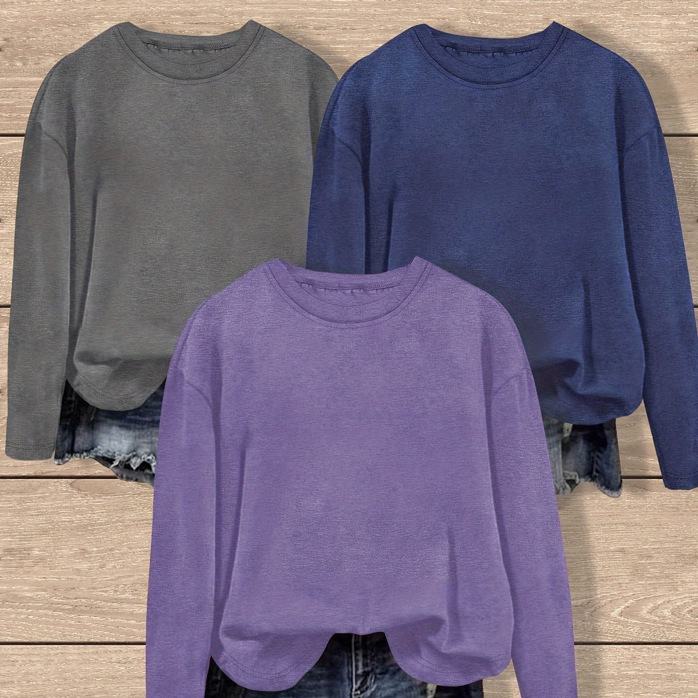 TEMU A Set Of 3 Easy Long-sleeve Tops In Colors, Featuring A Stylish And Versatile Retro Design For Women, Suitable For Spring, Autumn, And Winter