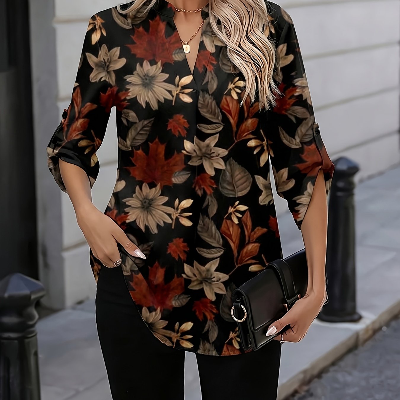 E-shop Elegante Damenbluse mit Ahornblattmuster, V-Ausschnitt, Ganzjahreskleidung, für Erwachsene, lässiges Mode-Shirt