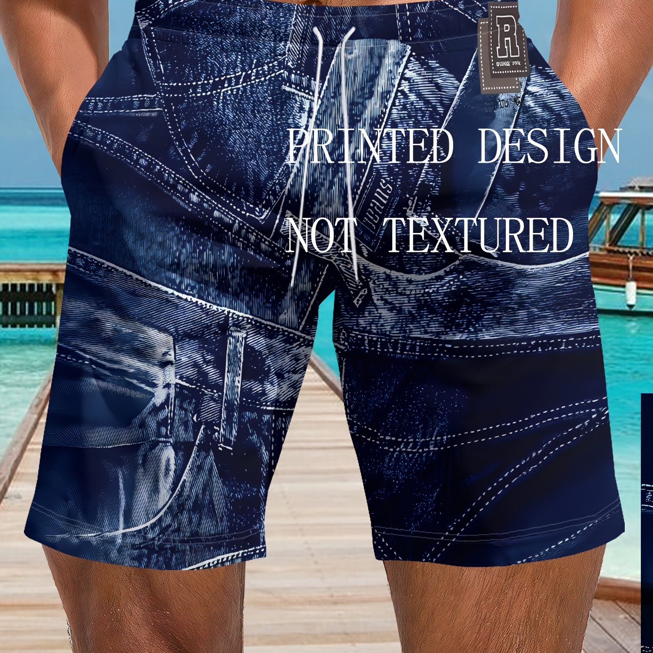 TEMU Men's Beach Vacation Shorts, Blue Fake Denim Stack, Clear Stitching, "r" Top Right Corner - 100% Quick-dry Polyester, Drawstring Waistband,
