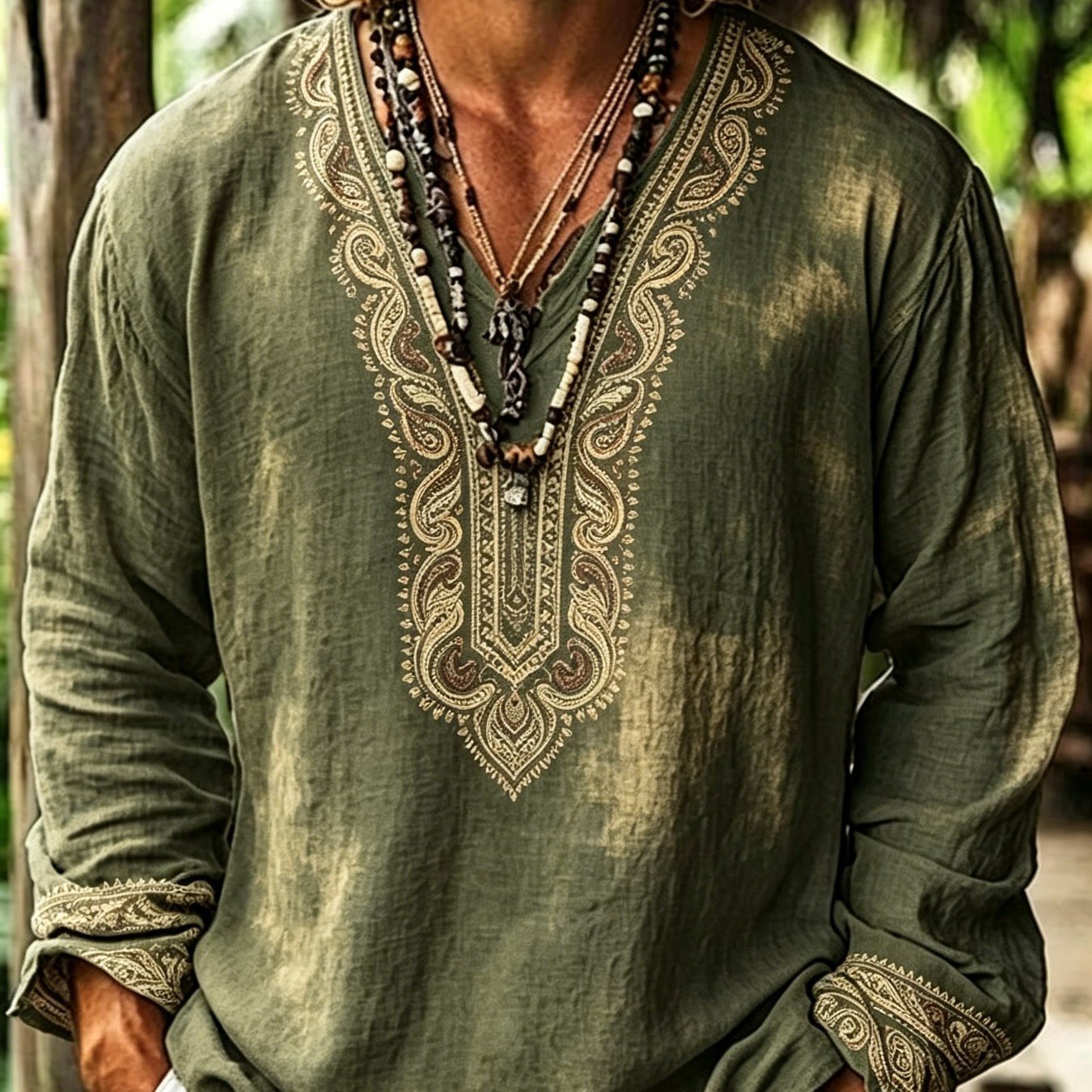 Men's Wild Shoot Green Vintage Washed Distressed Paisley Totem All V-neck Half Loose Long Sleeve Top, New Arrival, Retro Style Neck Border Creative Full Print