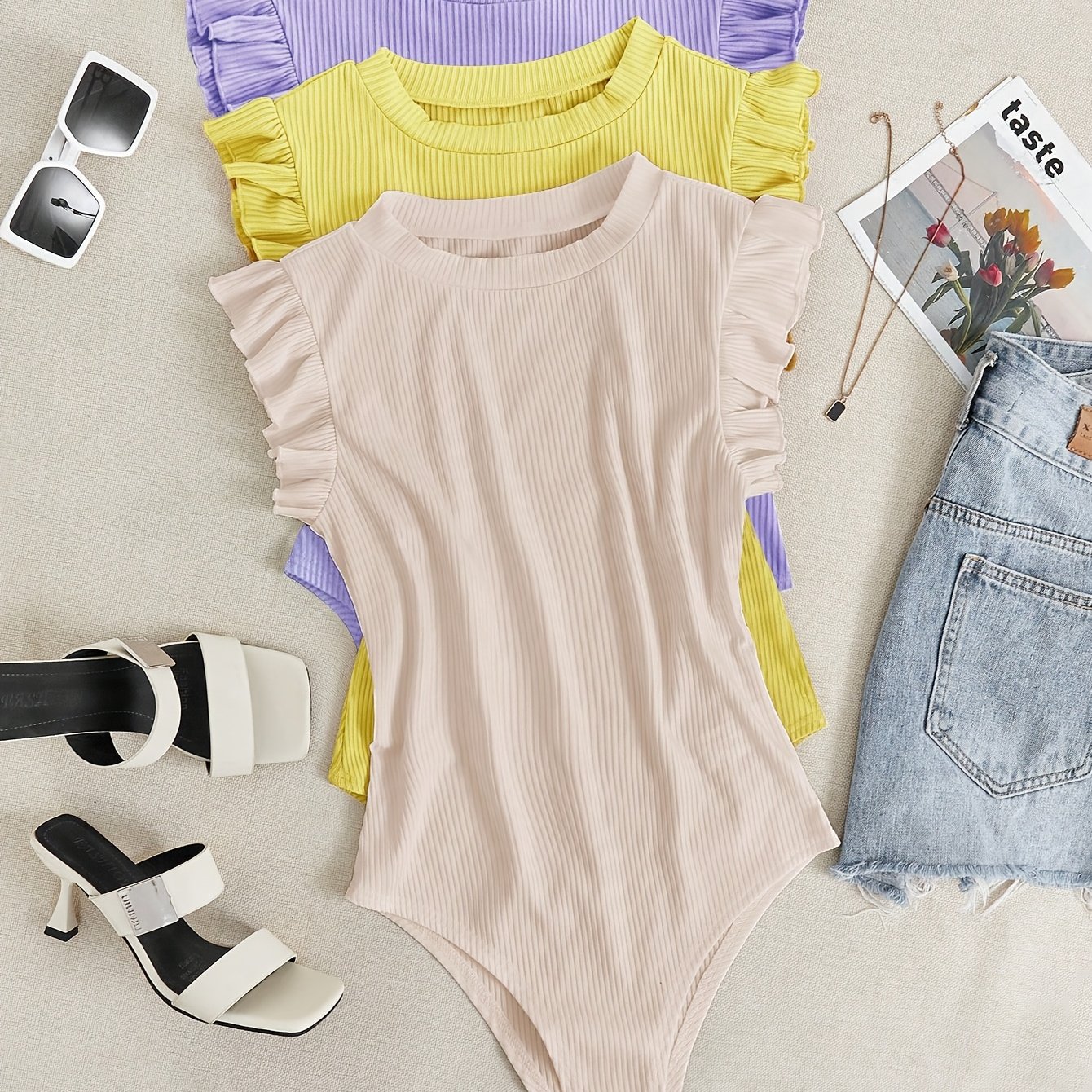 TEMU European And American Spring, Summer, Autumn Solid Color Casual Bodycon Top Set With Round Neck Three-piece