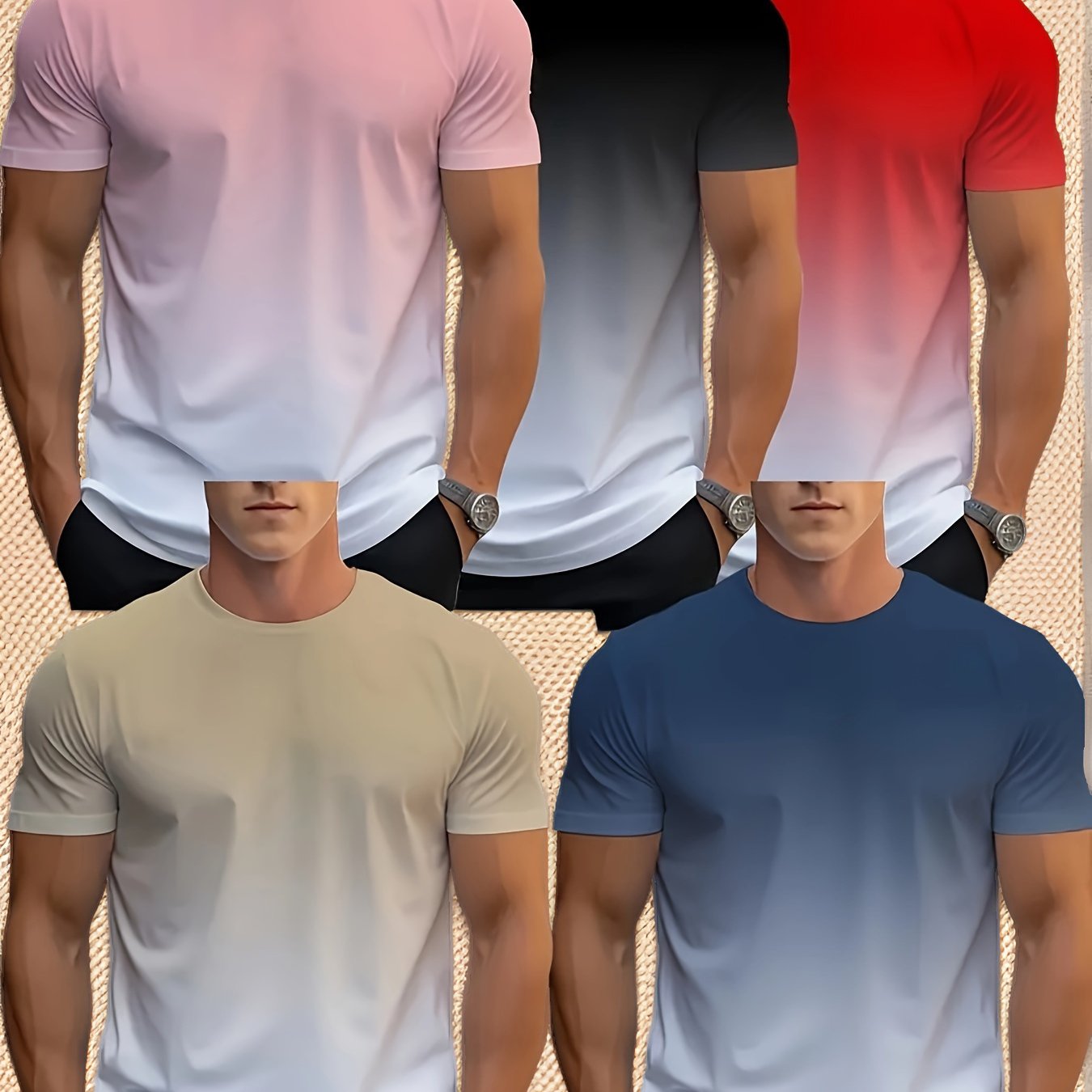 TEMU Men's Gradient Color T-shirt 5pcs Set Summer Casual Sports Breathable Polyester Fiber Machine Washable Trendy Versatile Top