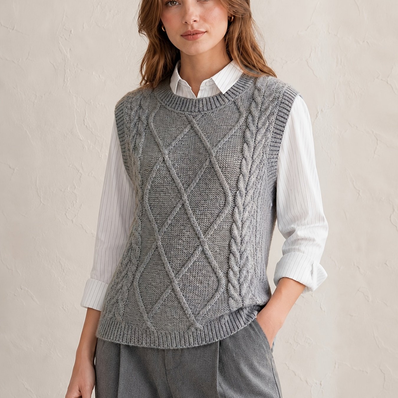 TEMU Women's Loose Sweater Vest, Round Neck Sleeveless Diamond Cable Top, Versatile Layering Vest For Spring, Summer, Autumn, And Winter, Casual