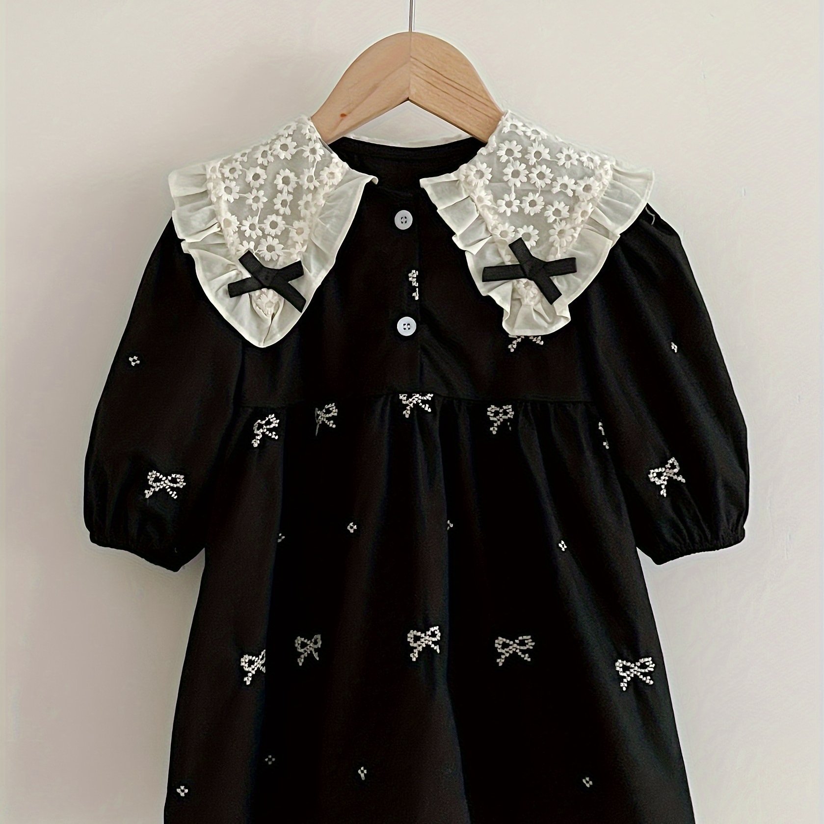 Image of Children's Lovely Bowknot Pattern Dress, Floral Embroidered Collar Long Sleeve Dress, Girl's Clothing