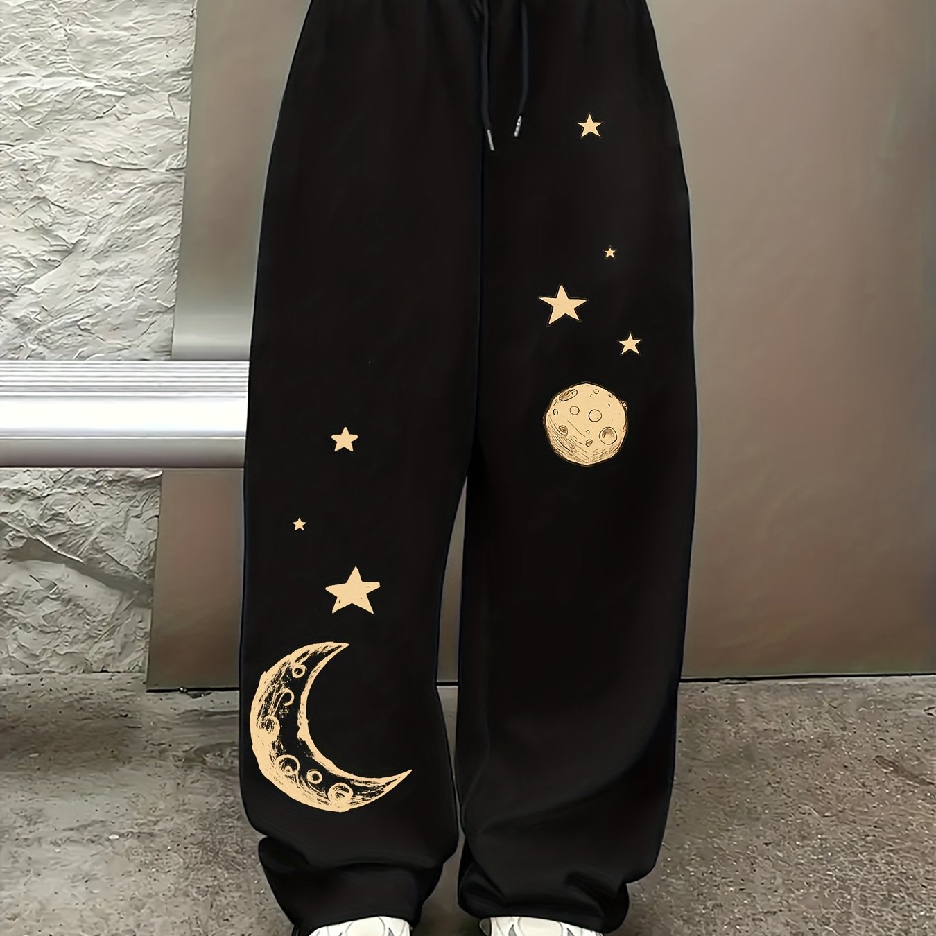 TEMU Pantalon Long à Jambes Droites et Évasées pour Femme, Imprimé Motif Ciel Étoilé de Rêve et Lune, Pantalon Décontracté et Sportif à Taille