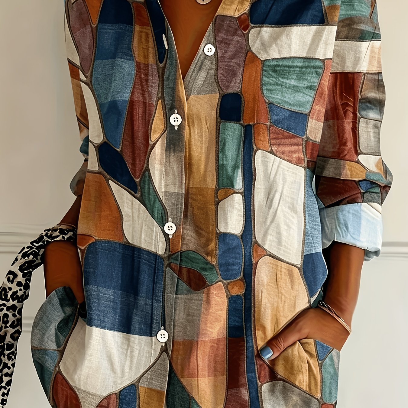 TEMU Elegant Printed Lapel Long-sleeve Shirt, /summer/autumn Single-breasted Blouse For Women, Machine Washable, Regular Fit For Spring And Autumn,
