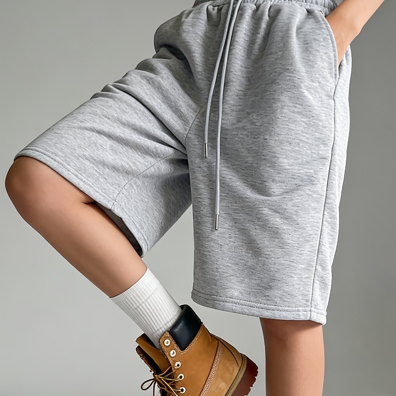 Image of Asian Size Women's Casual Athletic Shorts, Elastic Waist Wide Leg Straight Bermuda Shorts, Mid-length Loose Drawstring Shorts