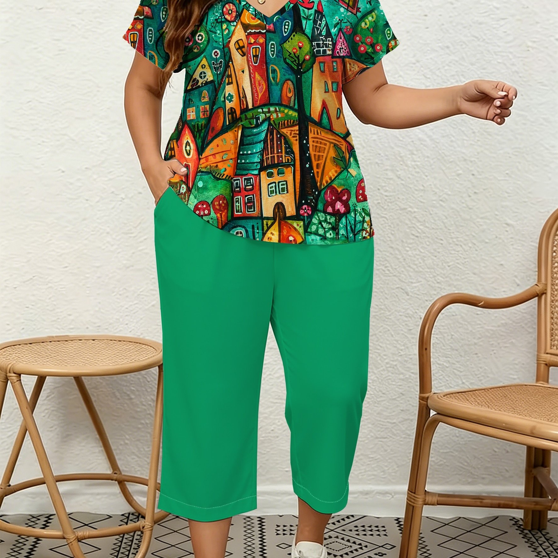 TEMU Plus Size, Plus Size Women's 2pcs Set, Abstract House Print V-neck T-shirt With Pockets, Elegant, Fashionable, Casual, Suitable For Daily Home,