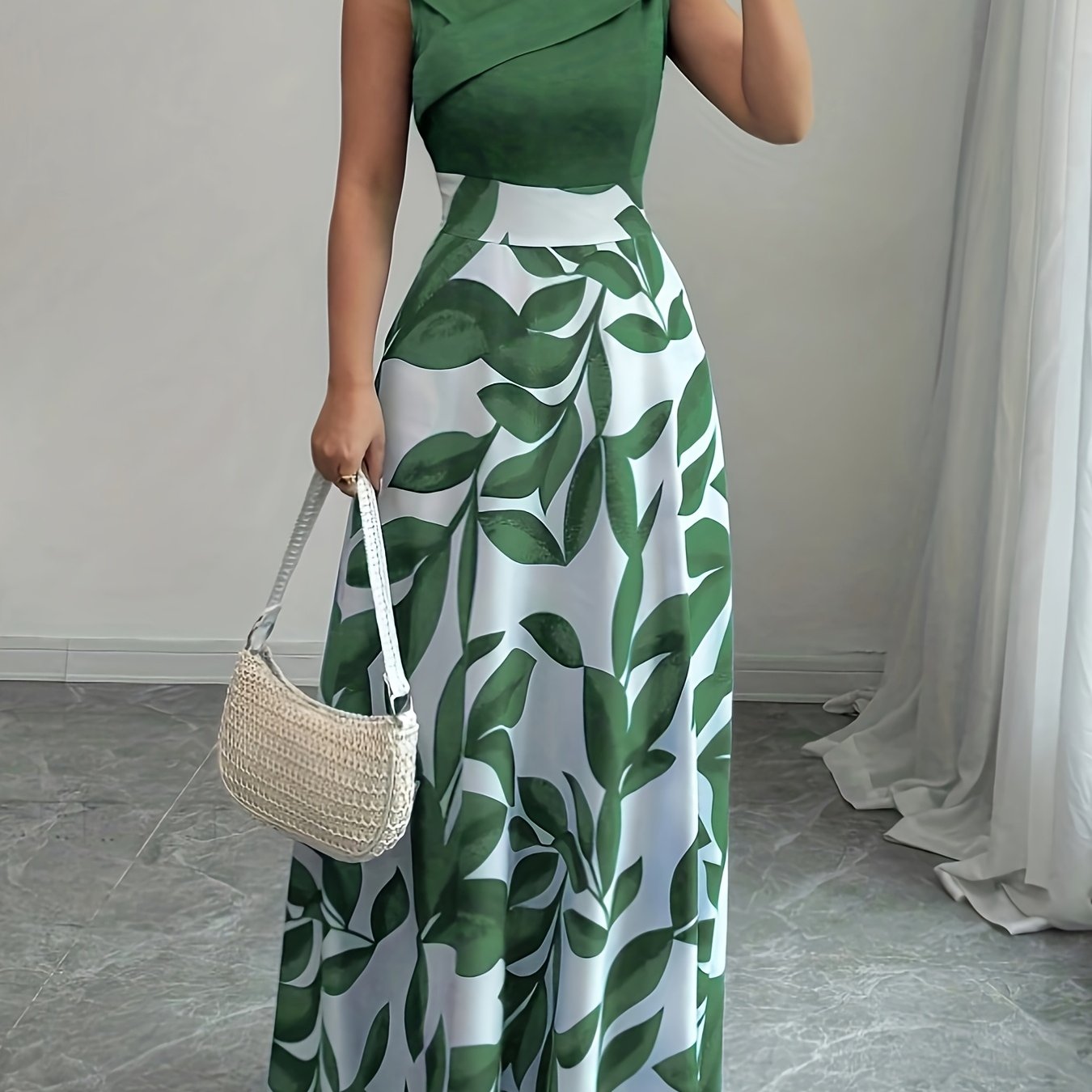 TEMU An Elegant V-neck Floral Print A-line Maxi Dress With Pockets - Featuring A Leaf Pattern, Short Sleeves, A Cinched Waist, And A Flowing Skirt,