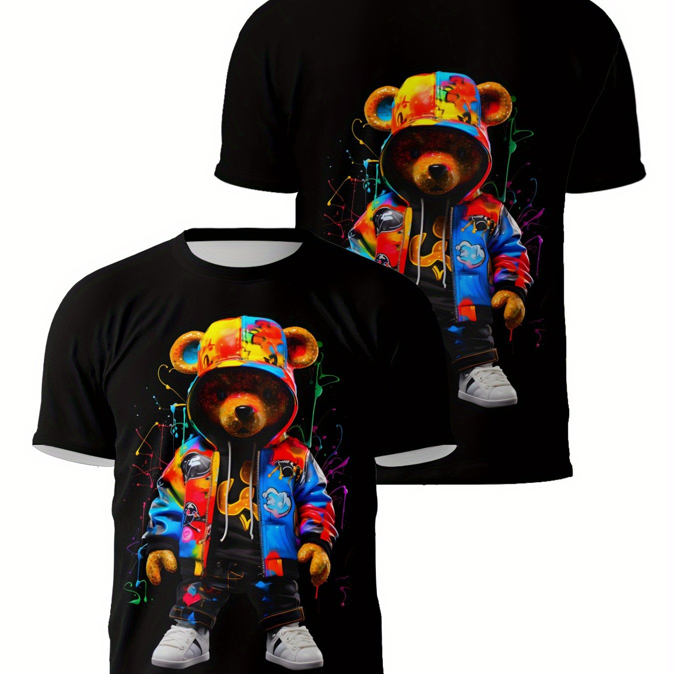 TEMU [customer Favorite] 3d Printed Bear Graphic Tee - , Stretchy Polyester Blend For Summer Casual &