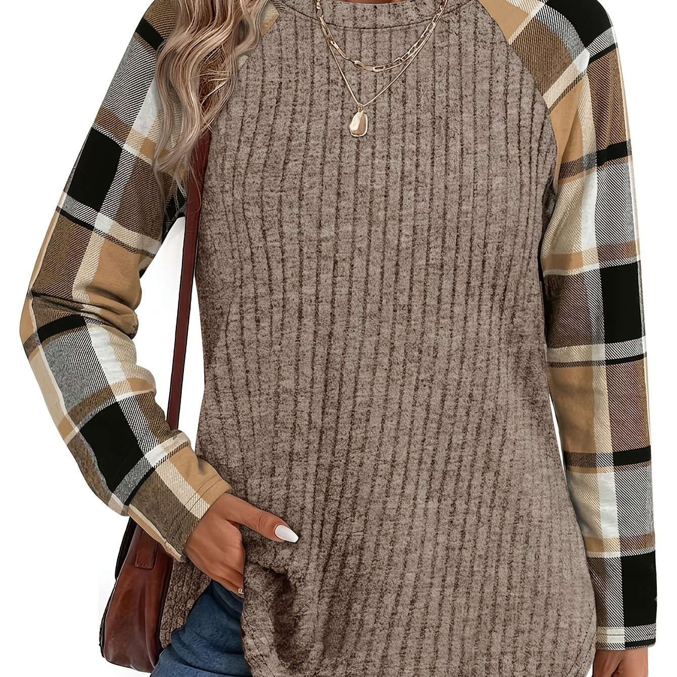 TEMU Women's Loose Round Neck Basic Top Comfortable Fashion Casual Color-block Long Sleeve Pullover Sweater