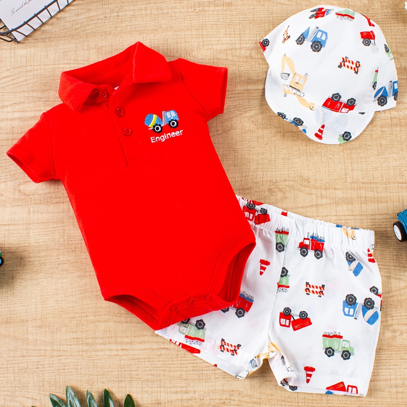 Image of 3pcs Summer Baby Boy Newborn Fashion Casual Set 3-18 Months Cartoon Pattern Short Sleeve Crawling Suit, Shorts And Hat For Outdoor