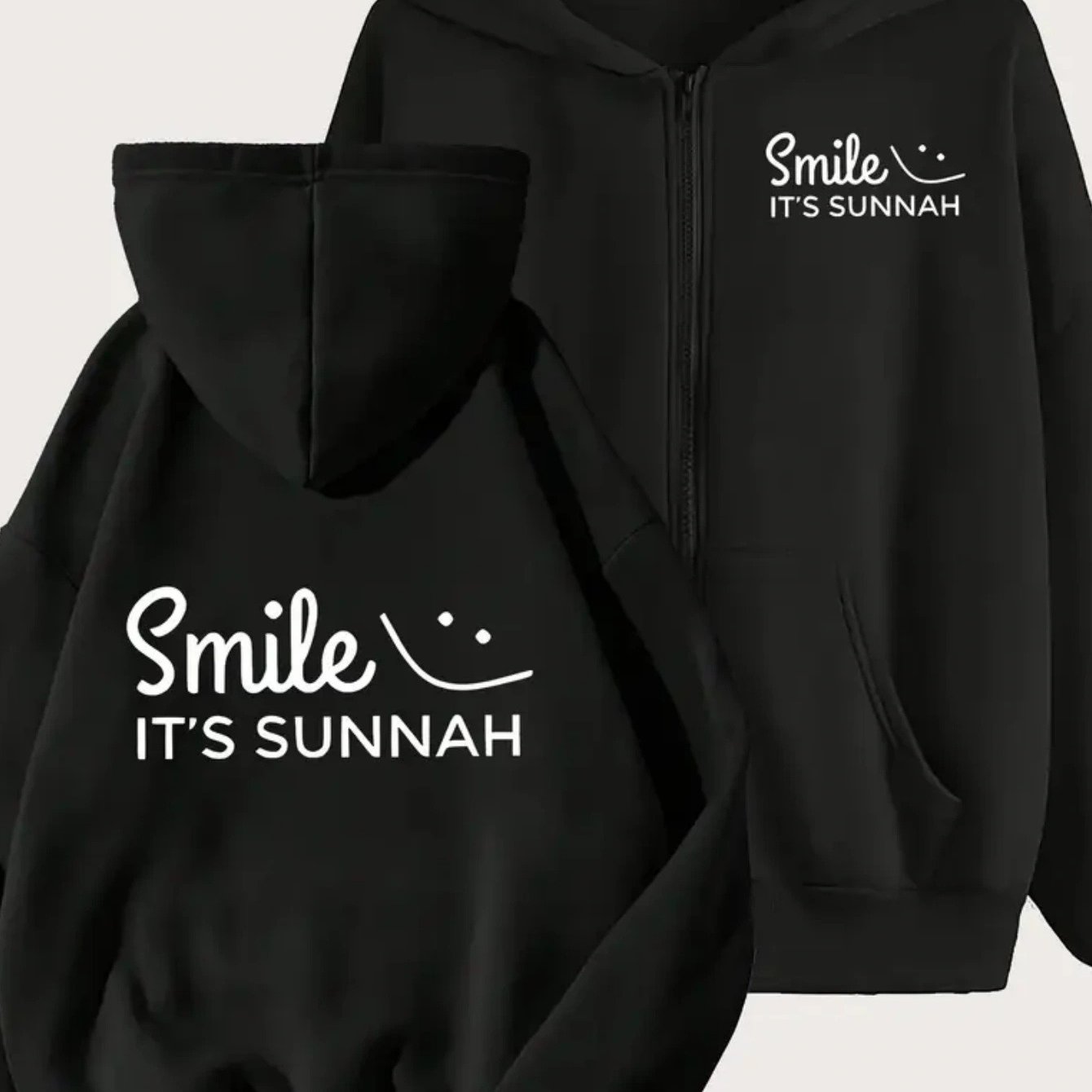 TEMU Veste à capuche zippée intégrale pour femmes, style islamique, avec imprimé "Smile Is " - Coupe slim, vêtement d'extérieur chaud, lavable en