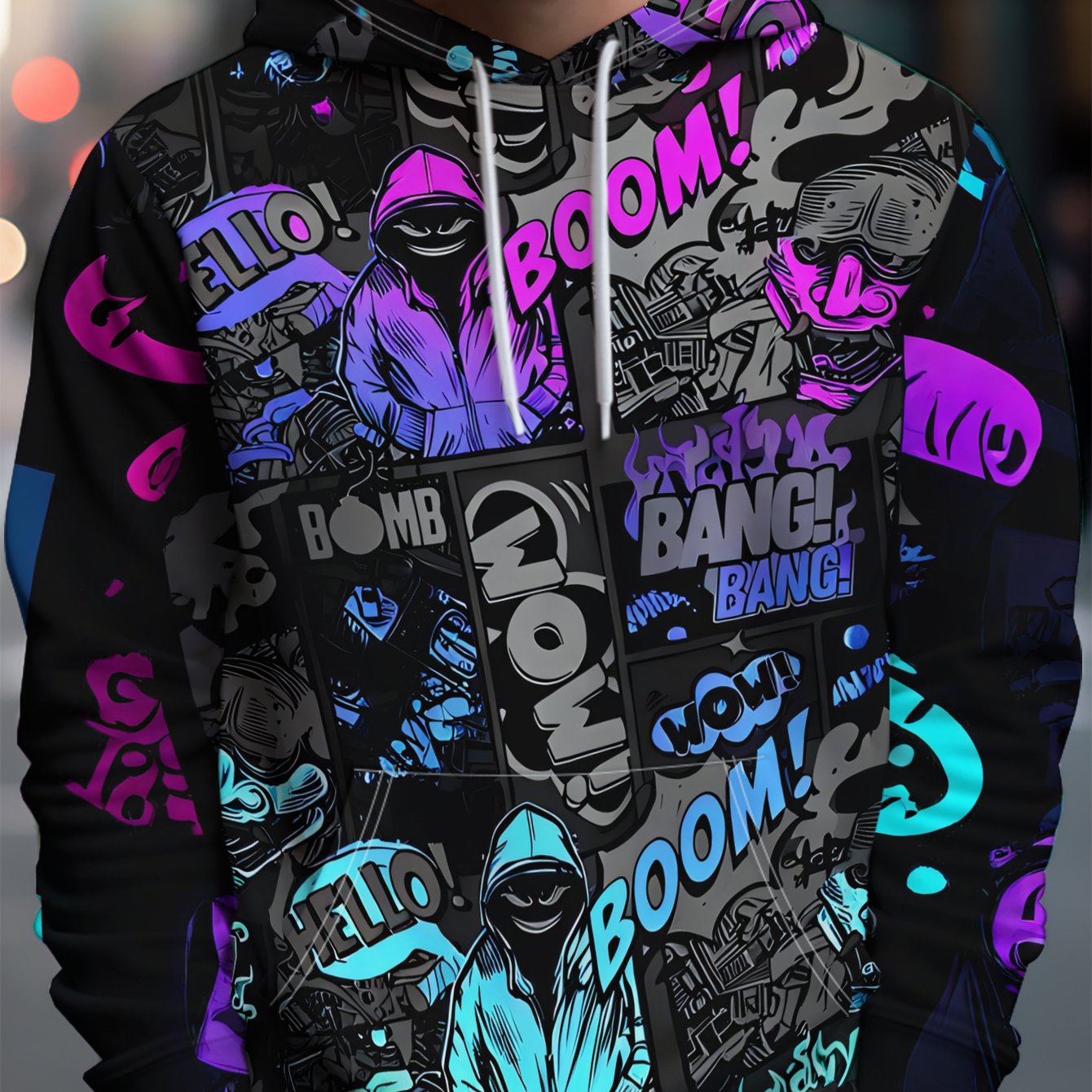TEMU Sweat à capuche de marque streetwear pour homme avec arrangement dense de dessins animés de style graffiti fluo, plein d' - Riche en de et en ,