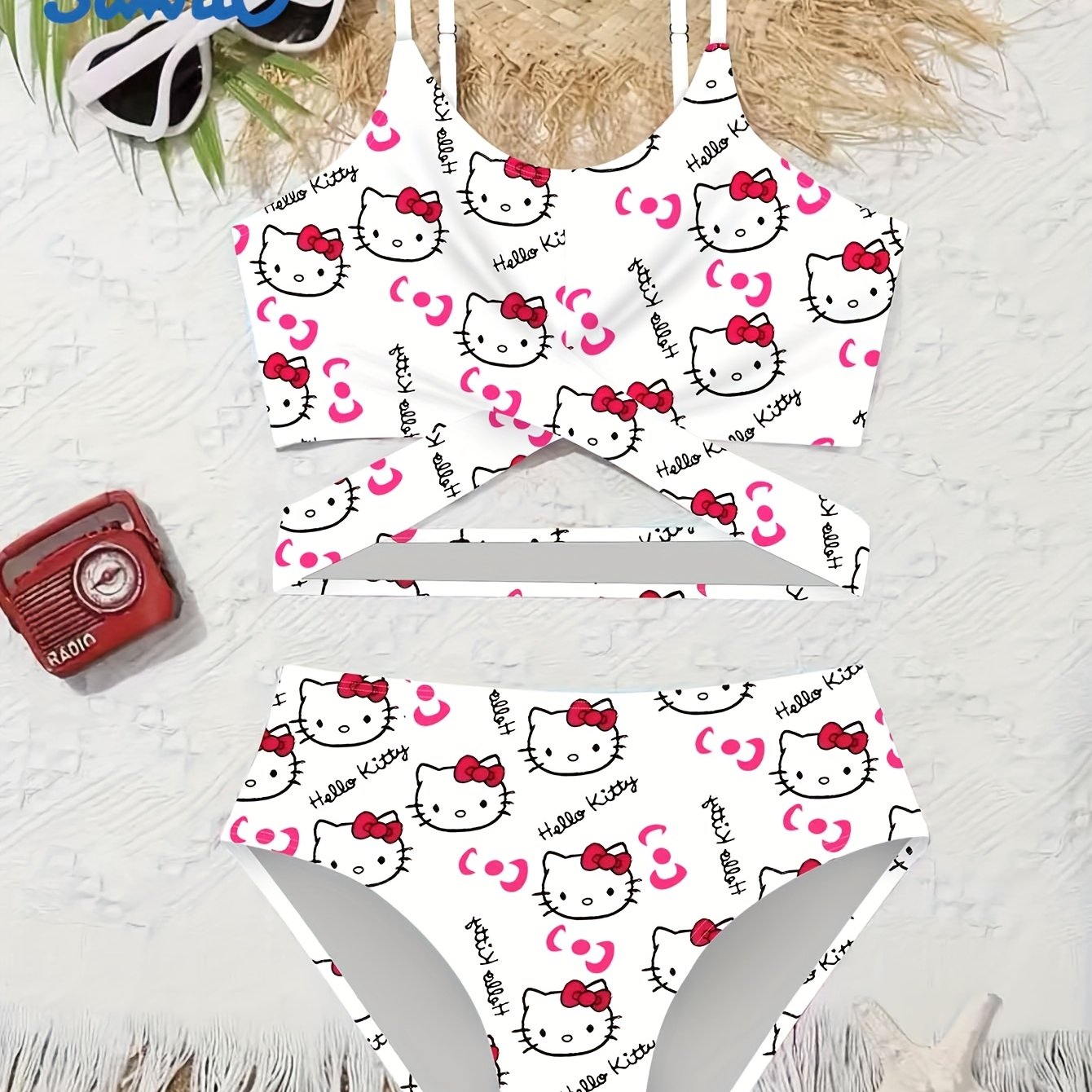 E-shop Sanrio Hello Kitty Mädchen-Bikini, Geteiltes Badeanzug für den Sommerurlaub am Strand, Strandbekleidung geeignet zum Schwimmen und Wassersport
