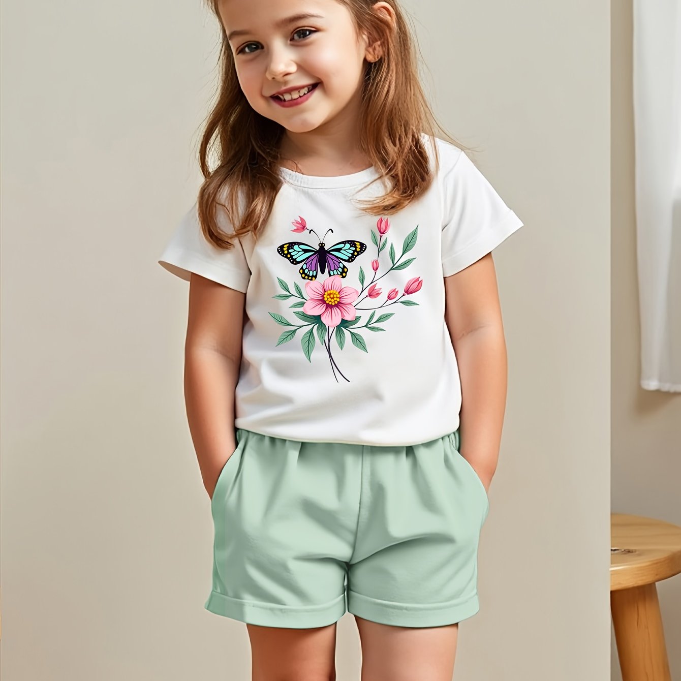 Image of Girls' Summer Two-piece Outfit Featuring A Stylish Print Short-sleeve T-shirt And Shorts, Perfect For Warm Weather, For Outdoor