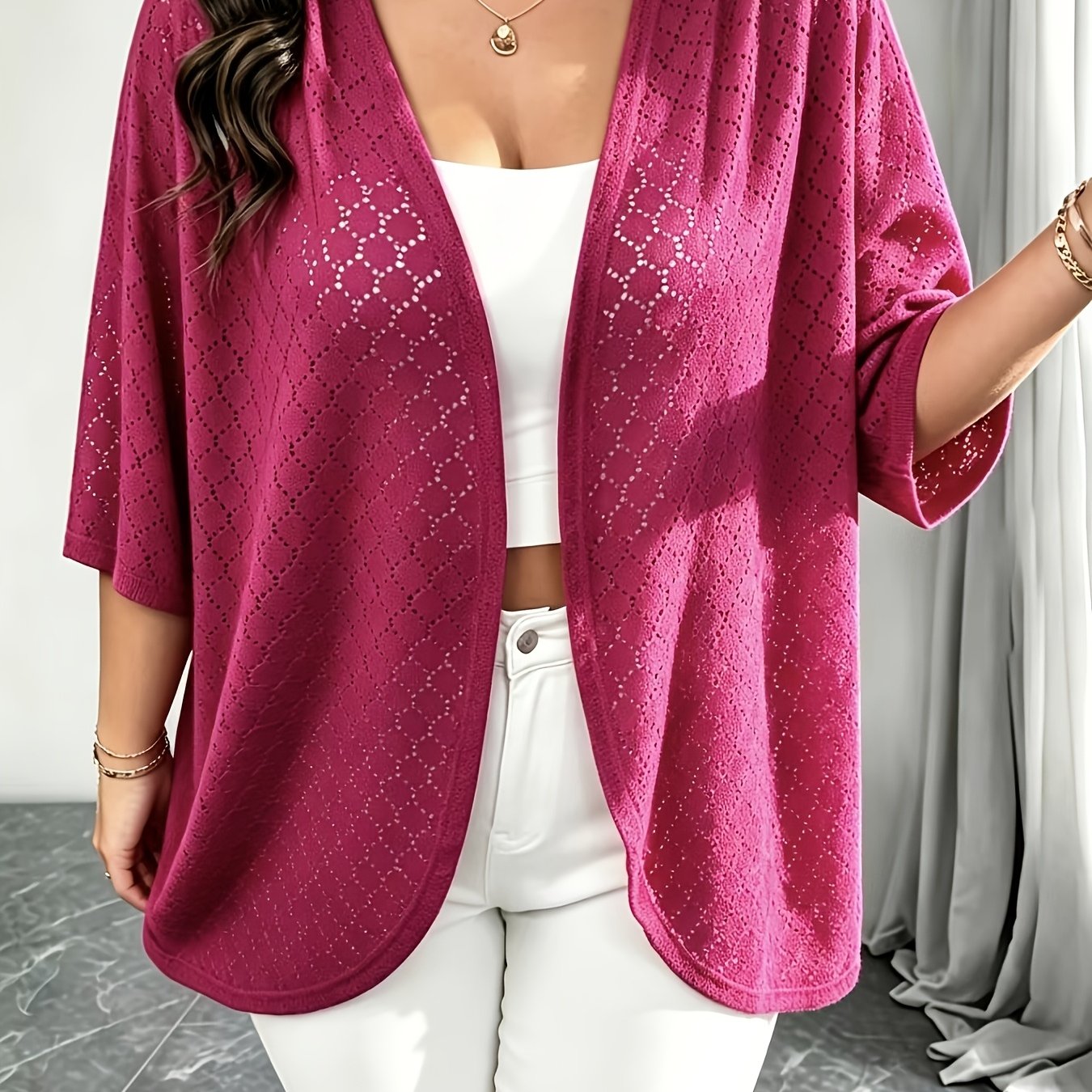 TEMU Plus Size, Plus Size Women's Casual Minimalist Loose Open-front Solid Color Top, Vacation Cardigan For Spring, Summer And Autumn