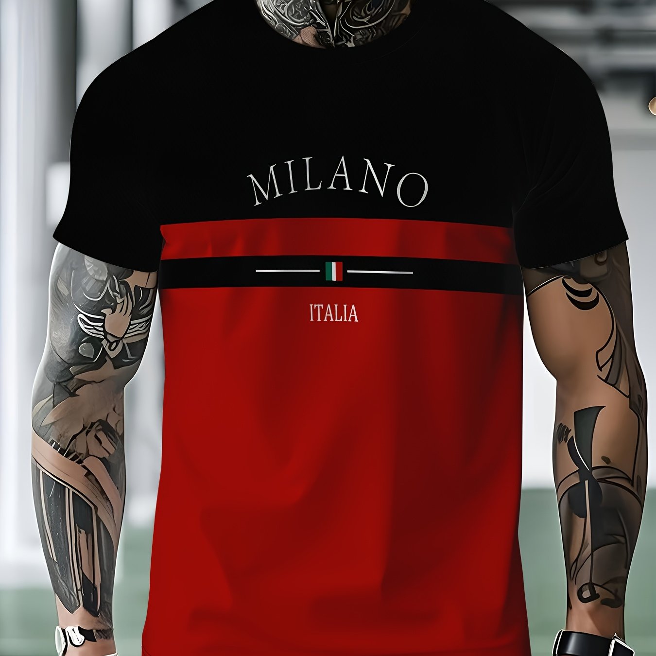 TEMU Minimalist Men's T-shirt, Fashionable Italy Letter Graphic Tee, Casual Crew Neck Short Sleeve, Polyester Fabric, Suitable For Summer