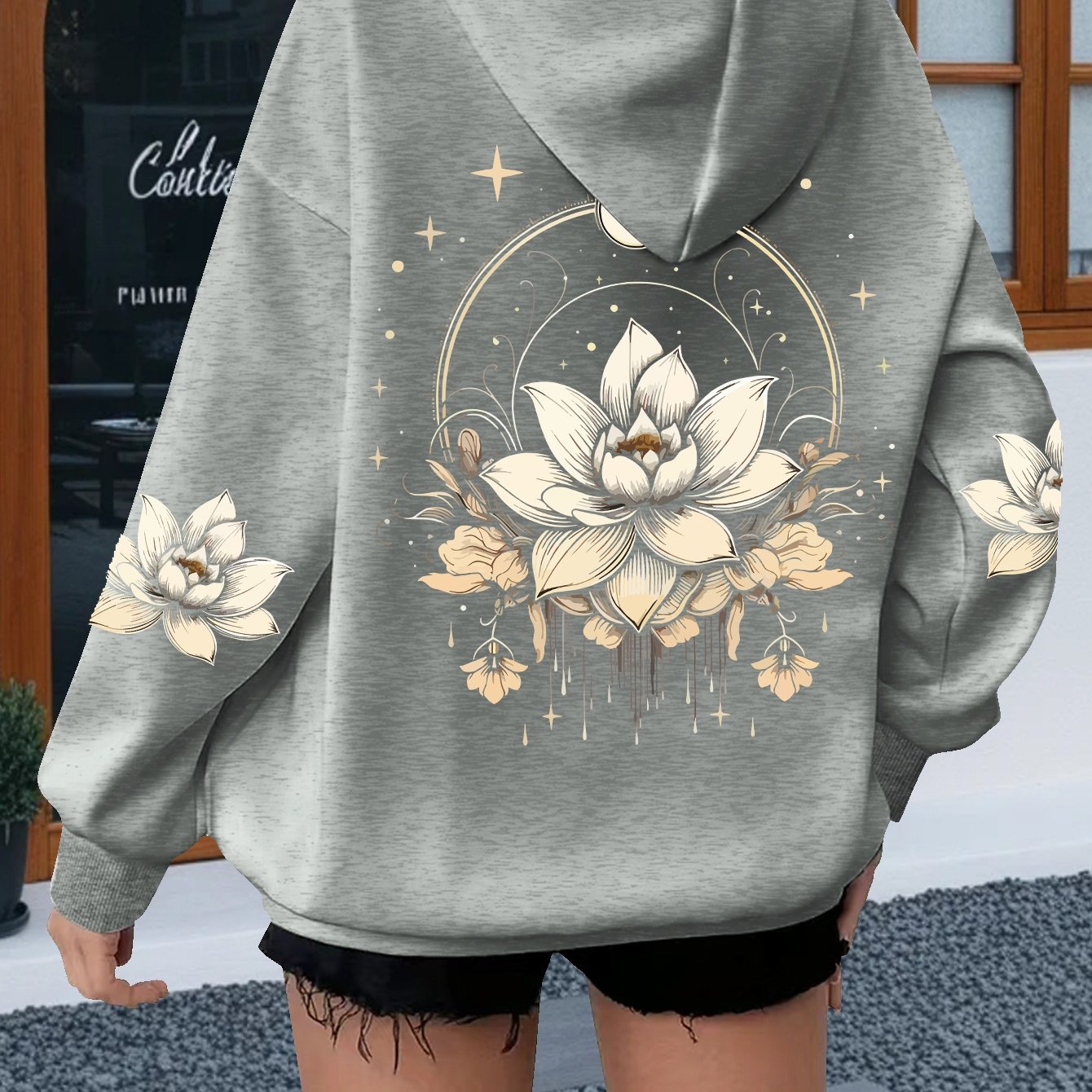 Image of A Lotus Flower And Moon Design Trendy Sweatshirt Women's Hoodie High Quality Thick Sweatshirt Autumn Winter Wear For Casual Gift For Who