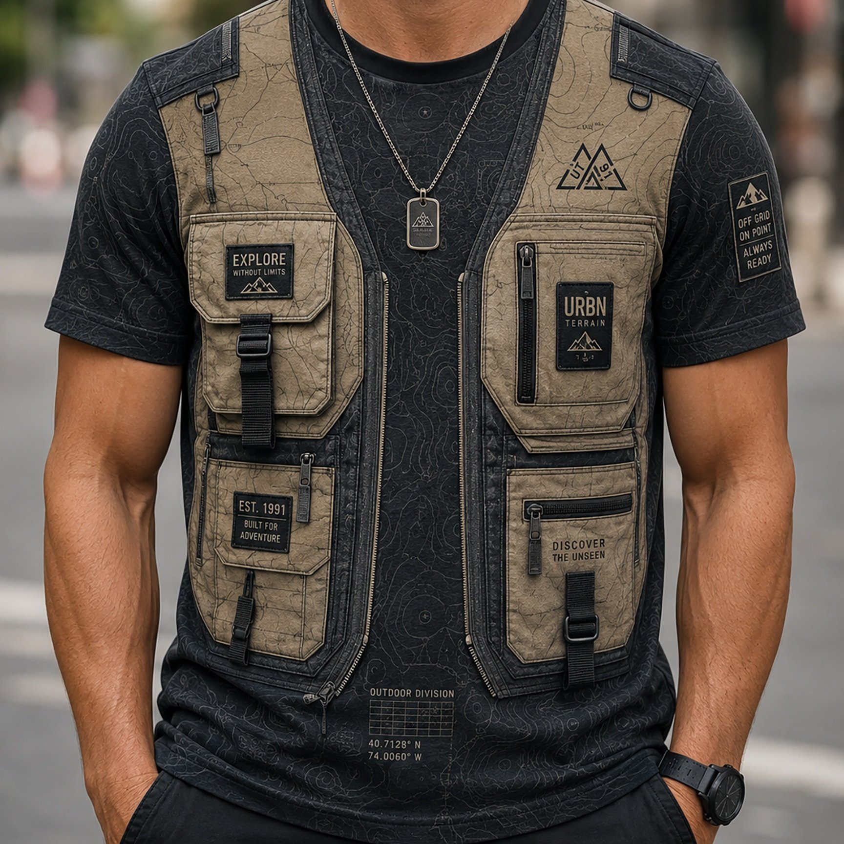 TEMU Men's Black Background Khaki Map Tactical Vest Short Sleeve Outdoor Adventure [print Design - No Texture]