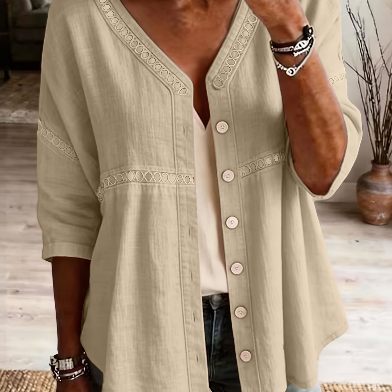 TEMU Women's Embroidery Solid Color Button Cardigan, Fashionable And Comfortable 3/4 Sleeve Loose Blouse For Spring And Summer Daily Wear